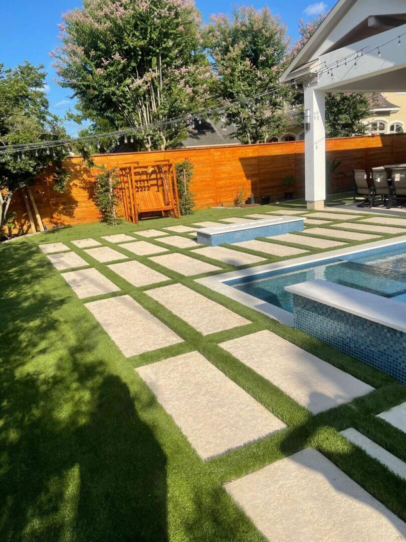 Modern backyard with pool and patio area.