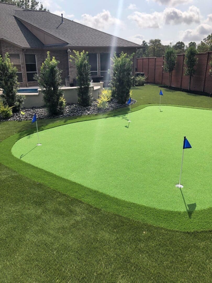 A backyard putting green with two holes and blue flags.