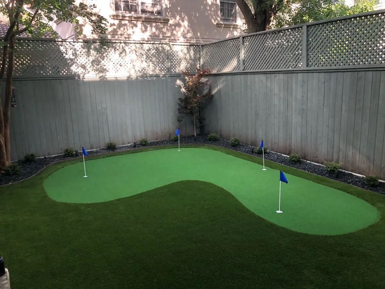 Small backyard putting green with flags and golf balls.